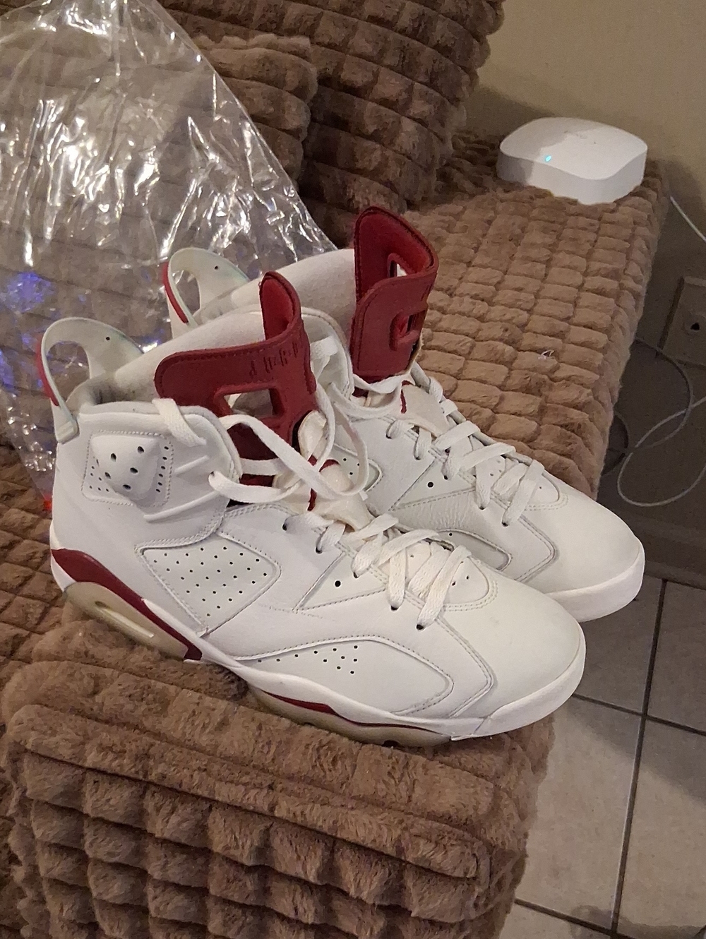 Jordan White and Maroon High-Top Sneakers